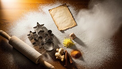 Christmas Vibes - Top-down baking scene: flour dust, rolling pin, cookie cutters, ginger, cinnamon, brown sugar