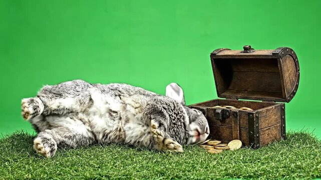 Gray and White Rabbit Near Open Treasure Chest on Green Grass Against Green Screen