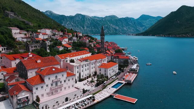 Perast Town aerial view in Kotor Bay in Montenegro