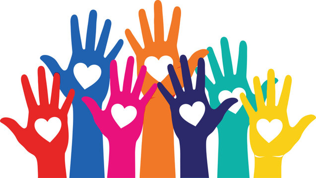 Diverse hands with heart shapes symbolizing love and unity