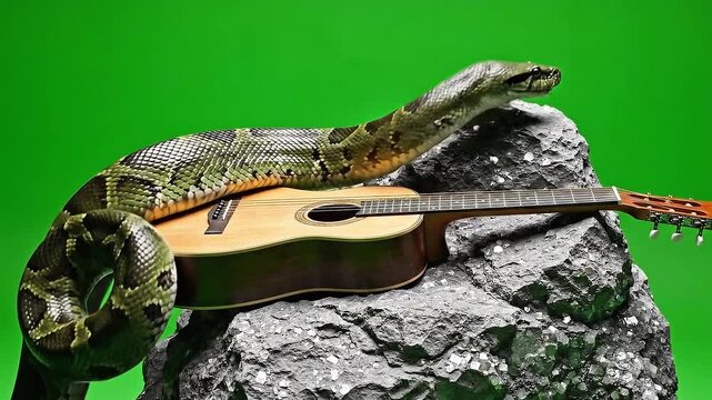 Green Anaconda Coiled on Acoustic Guitar on Rocky Formation with Green Screen Background Exotic Pet Wildlife Reptile Musical