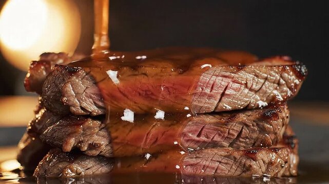 Grilled Beef Steak Slices Stack with Rich Brown Sauce Drizzled Delicious Food Presentation Close Up Gourmet Meal Dark Moody