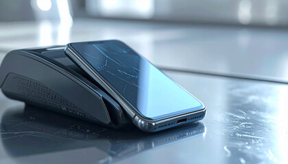 Contactless Payment Technology: A sleek smartphone rests upon a point-of-sale terminal, symbolizing the convenience and modernity of digital transactions.