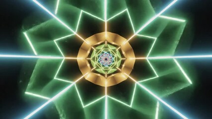 Vivid neon kaleidoscope light patterns featuring intricate geometric shapes and vibrant colors for dynamic visual displays and artistic projects. - Powered by Adobe