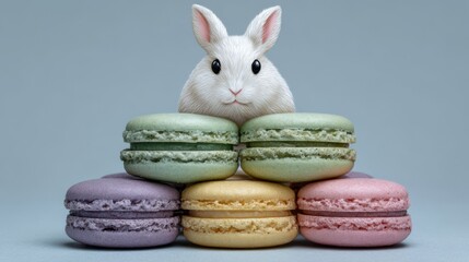 An adorable rabbit peeks from behind a pyramid of colorful pastel macarons, creating a whimsical, sweet scene ideal for bakery promotions, spring holidays, and children?s designs.