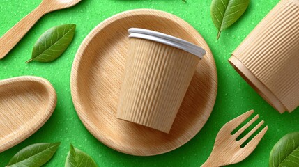 Bamboo cups, plates, and cutlery are arranged on a vivid green backdrop with fresh leaves, highlighting sustainable disposable tableware perfect for eco conscious food branding.