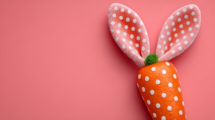 A quirky carrot toy with polka dot bunny ears stands out on a pastel pink backdrop, offering a modern minimalist Easter composition suited for seasonal cards and social media.