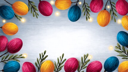 Colorful painted eggs and green sprigs frame a pale wooden surface scattered with glowing lights, providing a festive Easter backdrop perfect for seasonal messages and promotions.