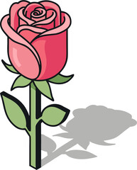 Pink rose bud with green stem and leaves vector illustration