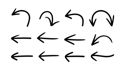 Black Arrows in Various Directions on White Background in Simple Hand-Drawn Style for Graphic Design