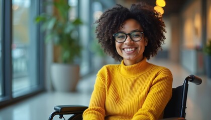 Happy woman with curly hair wears glasses and yellow sweater. She smiles in wheelchair indoors near large window and green plant. Person shows positivity and independence.