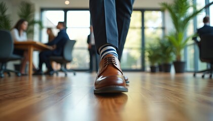 Businessman walks on wooden office floor, wearing striped socks and brown shoes. Colleagues and plants blur in background, modern workspace.