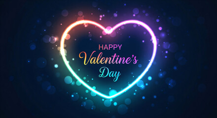 Neon happy valentines day vector greeting cards, bright multi-colored heart shape on dark bokeh background