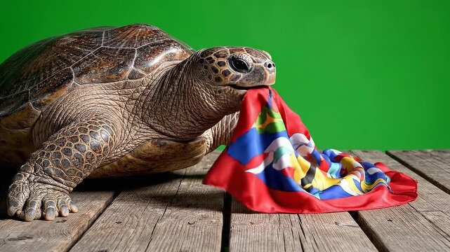 Isolated Turtle Walking on Wooden Surface Near Colorfull Cloth with Green Screen Background Animal Wildlife Reptile Pet Slow and