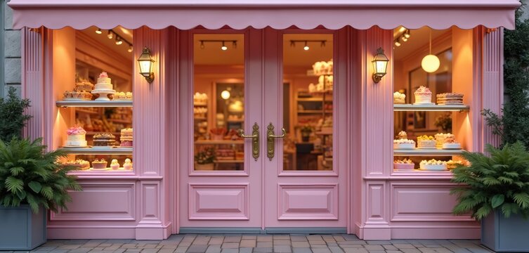 Pretty pink pastel pastry shop exterior with double doors and glass windows displaying cakes and desserts. Vintage street architecture with warm outdoor lighting and green plants.