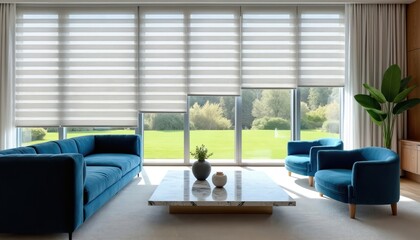 Modern living room with large windows featuring zebra blinds, a plush blue sectional sofa, and accent chairs. A marble coffee table sits on a light carpet, with green lawn and trees visible outside.