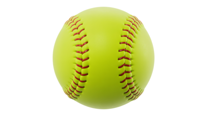 Softball in bright yellow with red stitching on white background in studio lighting for sports equipment