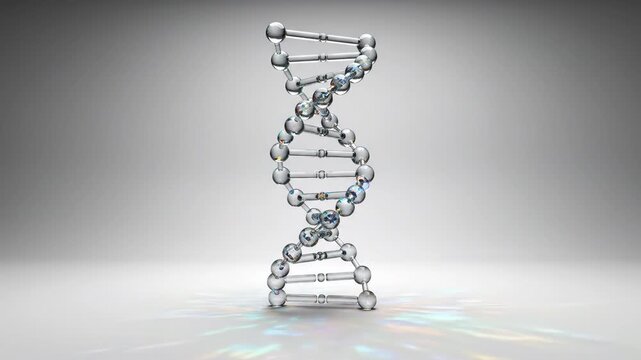 Clean abstract animation showing geometric glass components floating and assembling into a foundational DNA spiral structure on a pure white stage structure, foundational, structure