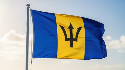 The national flag of Barbados proudly waves against a clear blue sky representing the independent Caribbean island nation