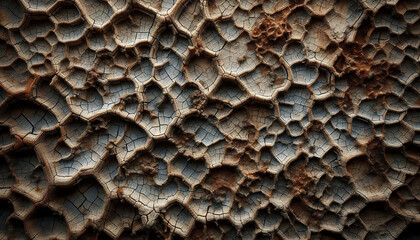 Close-up of a textured surface with a cracked, dry pattern in shades of brown and gray.