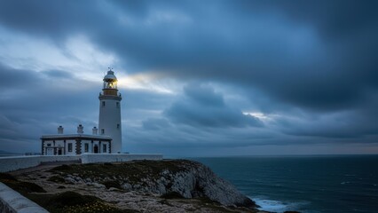 Fototapeta premium White lighthouse illuminates dark stormy sea from rugged cliff under dramatic heavy clouds at twilight.