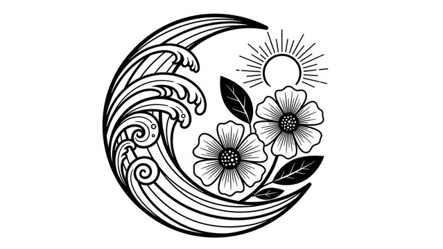 Crescent Moon with Waves and Flowers.