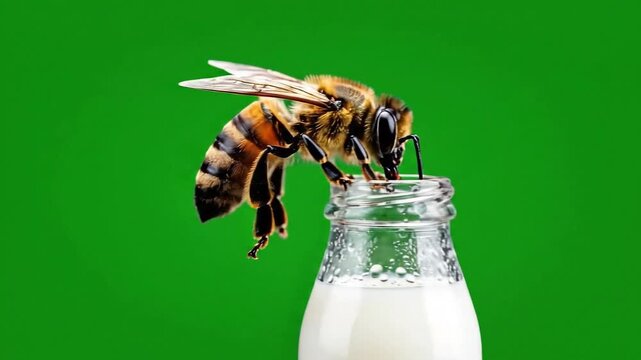 Macro Close Up Of A Honeybee With Brown Stripes And Black Legs Isolated On Green Screen Background With Detailed Focus And