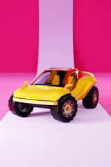 A vivid 3D illustration of a neon  SUV in a Biggie-inspired 80s style, showcased on a striking background, capturing the essence of retro street culture and bold design.