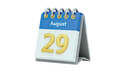 3D August 29th Calendar Page on transparent background