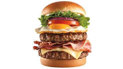 Gourmet Beef Burger with Bacon and Egg in Studio Shot with Bright Lighting on White Background for Food Advertising