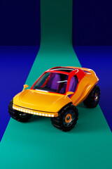 A vivid 3D illustration of a neon  SUV in a Biggie-inspired 80s style, showcased on a striking background, capturing the essence of retro street culture and bold design.