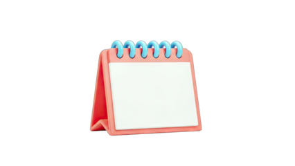 3D Blank desktop calendar with pink frame and blue spiral binding on transparent background