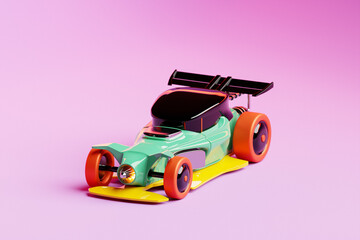A colorful 3D model of a retro sports car with vibrant multi-colored accents, set against a pink background, showcasing a perfect blend of classic charm and sporty style.