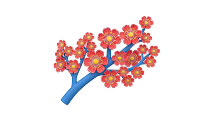 3D Stylized Blooming Branch with Red and Yellow Flowers on transparent background