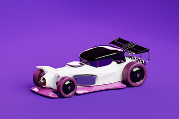 3D illustration of a model of a bright multi-colored retro car in a sports style on a  purple background