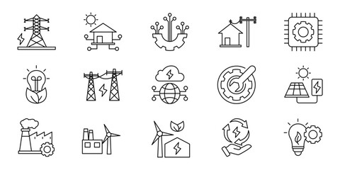 Modern Green Energy and Sustainable Technology Line Art Icons Depicting Renewable Power, Eco-Solutions, and Industry Innovation