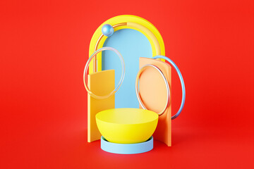 3D illustration of a minimal podium set against an abstract geometric backdrop. Contemporary design with soft shadows, neutral tones, and balanced forms