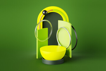 3d illustration of a  circle podium stand on the background of a geometric composition. 3d rendering. Minimalism geometry background