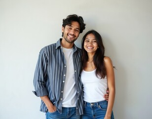 Naklejka premium Young Indian couple smiles happily standing together. Man and woman wear casual clothes. They have brown skin and dark hair. Love and romance shared between partners.