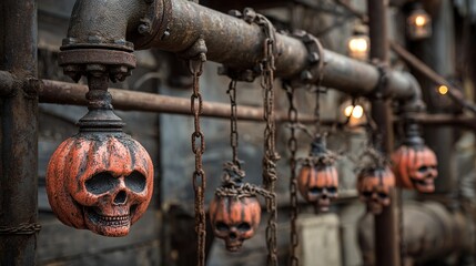Abandoned factory Halloween decor, rusty pipes wrapped with pumpkin lanterns, skull props hanging from iron chains, industrial dark scene