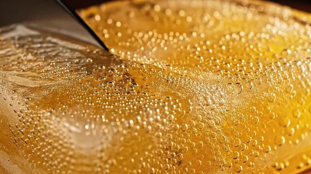 Macro Shot Of Sharp Knife Cutting Into Block Of Golden Yellow Ice With Frozen Bubbles Illuminated By Warm Light Showing Detailed
