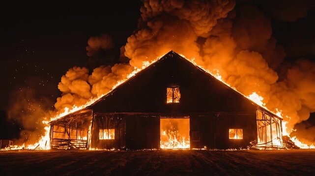 Fiery inferno at night with a barn ablaze, showcasing vivid flames and billowing smoke