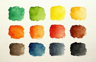 Twelve square watercolor blots in assorted colors are arranged in three rows on white paper. Vibrant green yellow orange red brown blue and grey shades show fluid texture. Art design elements.