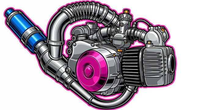 A vibrant, stylized vector illustration of a detailed internal combustion engine with shiny metallic parts and colorful accents, isolated on a clean background.