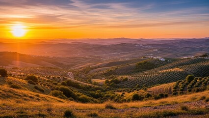 Fototapeta premium Expansive landscape of rolling hills and valleys bathed in warm light during a captivating golden sunset