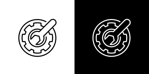 Outline icon depicting a gear cogwheel and wrench for technical settings, maintenance, repair, and operational service applications