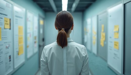 Woman walks down office corridor. Walls lined with charts sticky notes. Back view person in light shirt. Planning strategy, analyzing data, work concept.