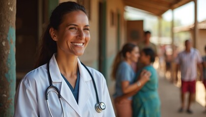 Doctor smiles warmly wearing white lab coat and stethoscope in outdoor clinic setting. Blurred background shows patients, nurses in rural village medical aid.