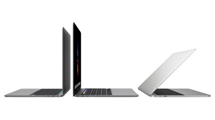 Modern laptops in various open positions with sleek design in studio lighting on white background for technology advertising
