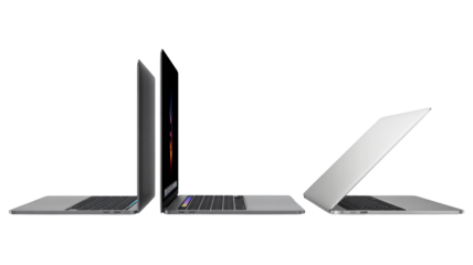 Modern laptops in various open positions with sleek design in studio lighting on white background for technology advertising